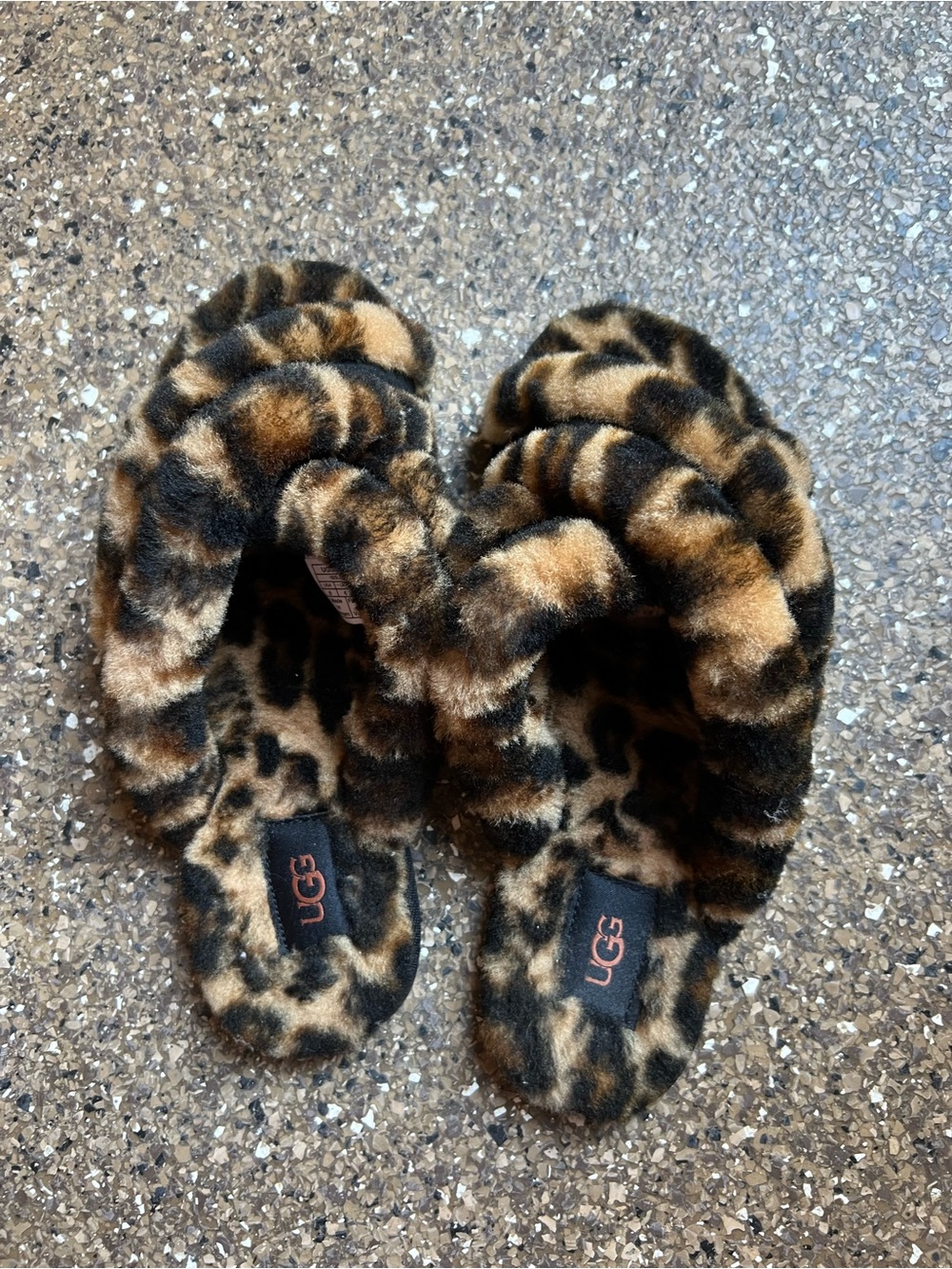 UGG Women’s Leopard Faux-Fur Crisscross Slide Slippers - Black and Brown size 8